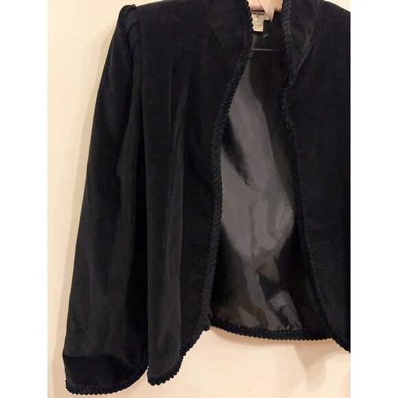 Vintage Black Velvet  Jacket Sz 11/12 Open  Front Braided Trim Lined Blazer Form - Picture 10 of 15
